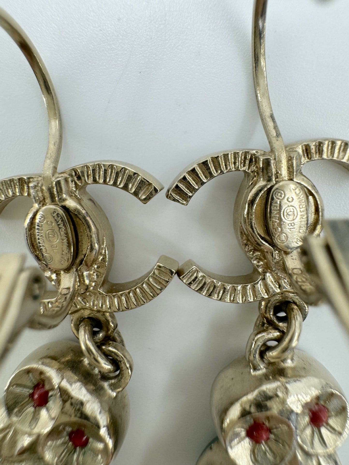 Chanel 18C Metal Owl CC Logo Pendant Earrings