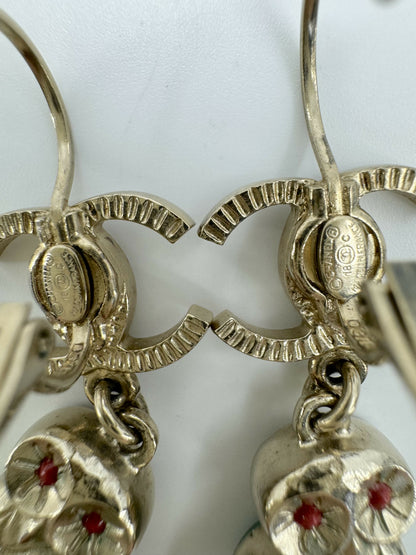 Chanel 18C Metal Owl CC Logo Pendant Earrings