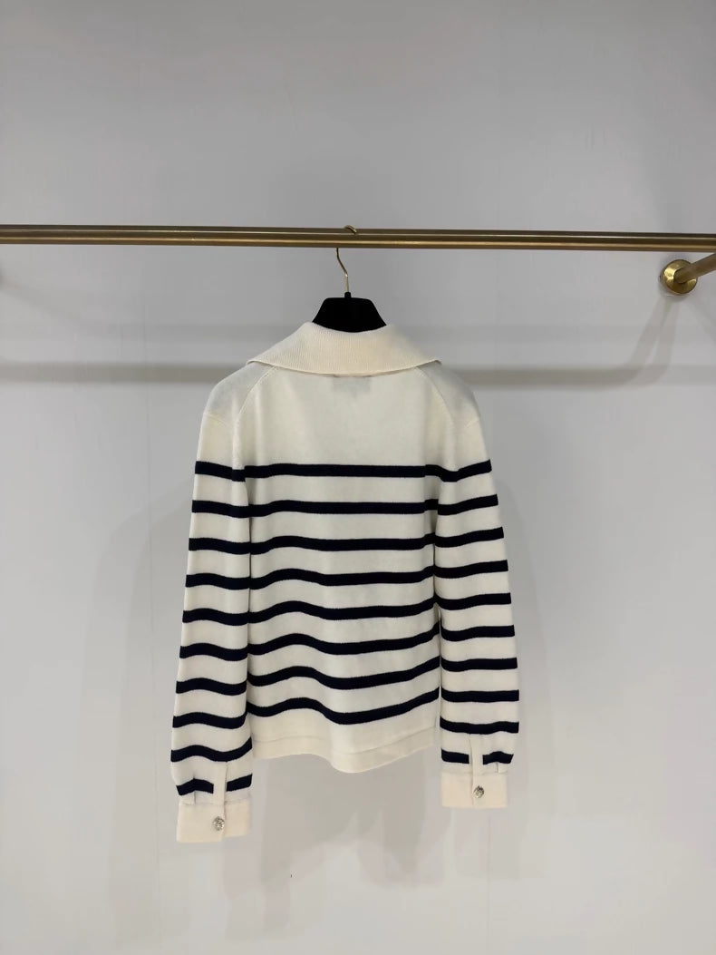 Chanel 24S Navy Striped Sequined Cashmere Sweater