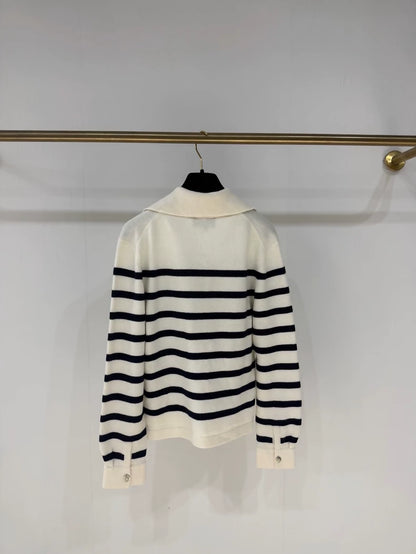 Chanel 24S Navy Striped Sequined Cashmere Sweater