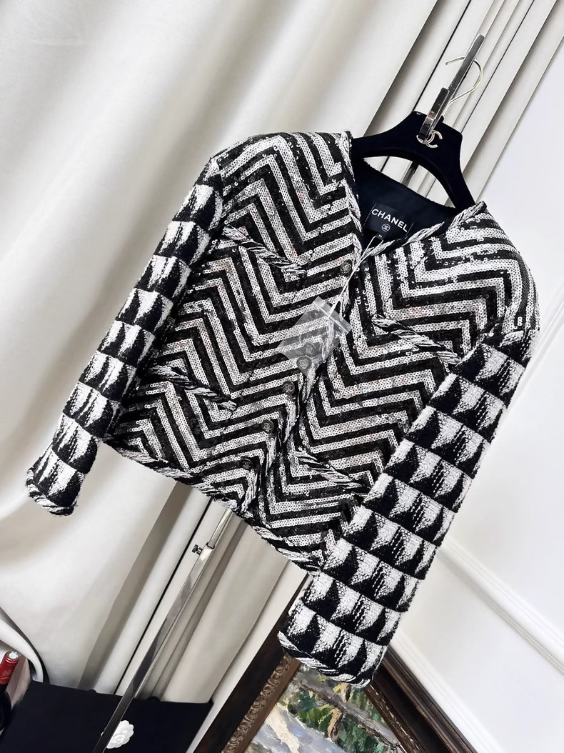 Chanel 21K Black and White Sequined Oversized Jacket