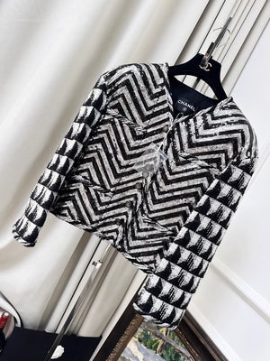 Chanel 21K Black and White Sequined Oversized Jacket