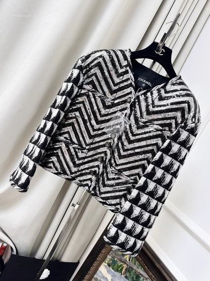 Chanel 21K Black and White Sequined Oversized Jacket