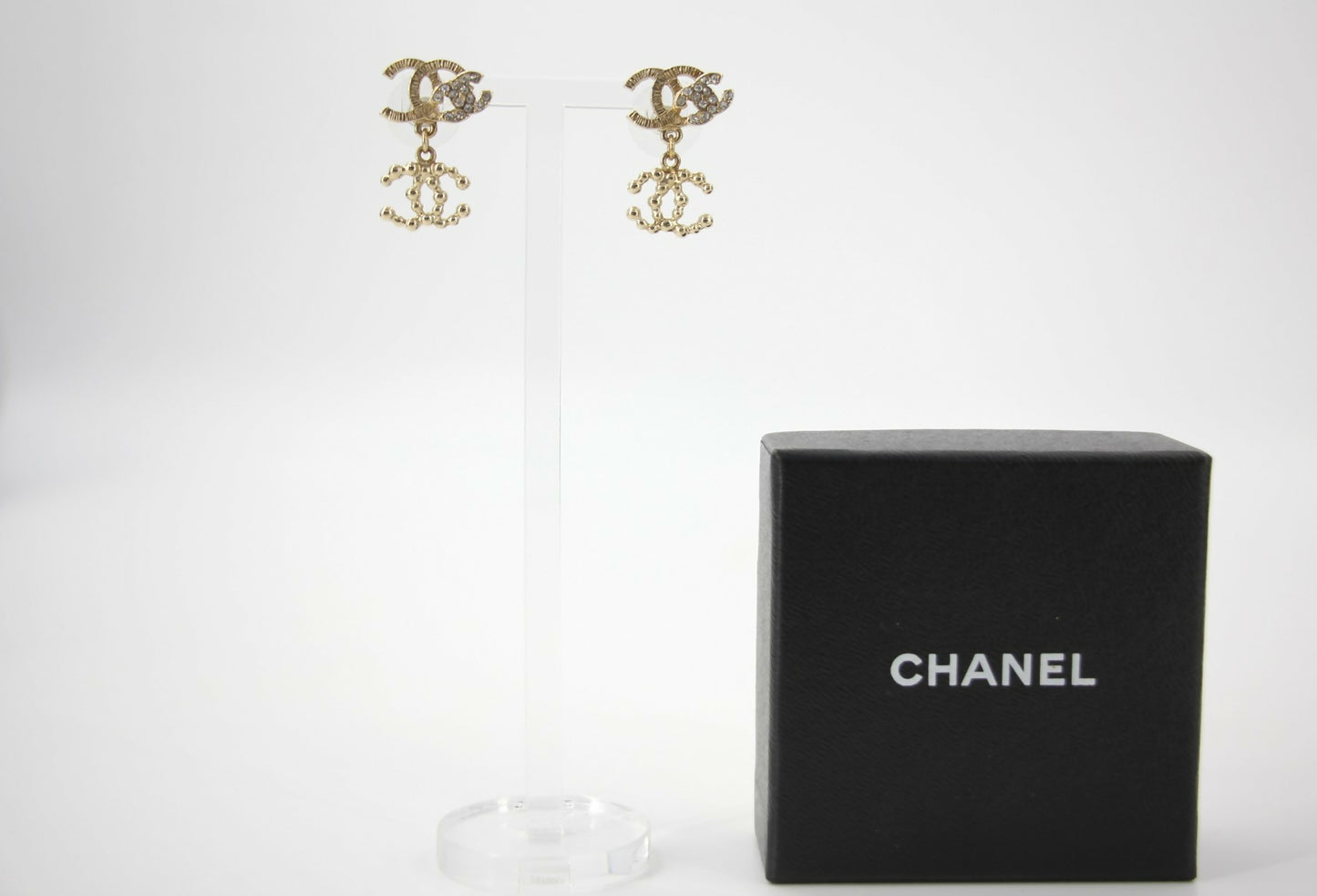 Chanel Vintage 10A Rhinestone Metal Triple CC Stud Earrings