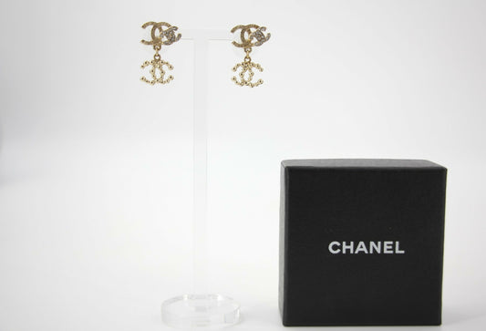 Chanel Vintage 10A Rhinestone Metal Triple CC Stud Earrings
