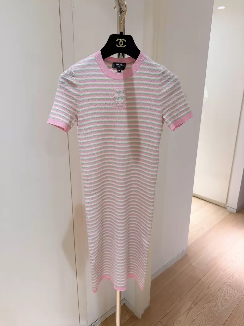 Chanel 25B Colorful Striped Coco Chanel Portrait Cashmere Knit Dress