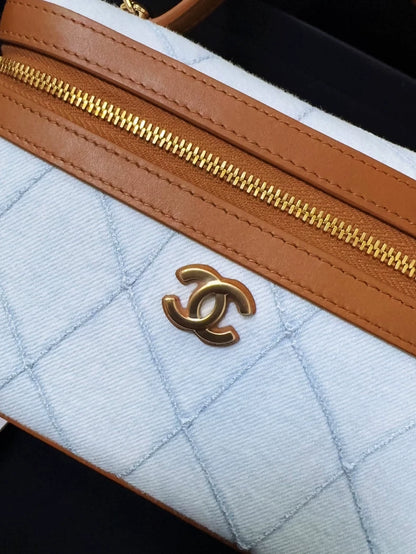 CHANEL 26M Blue Denim and Brown Lunch Bag