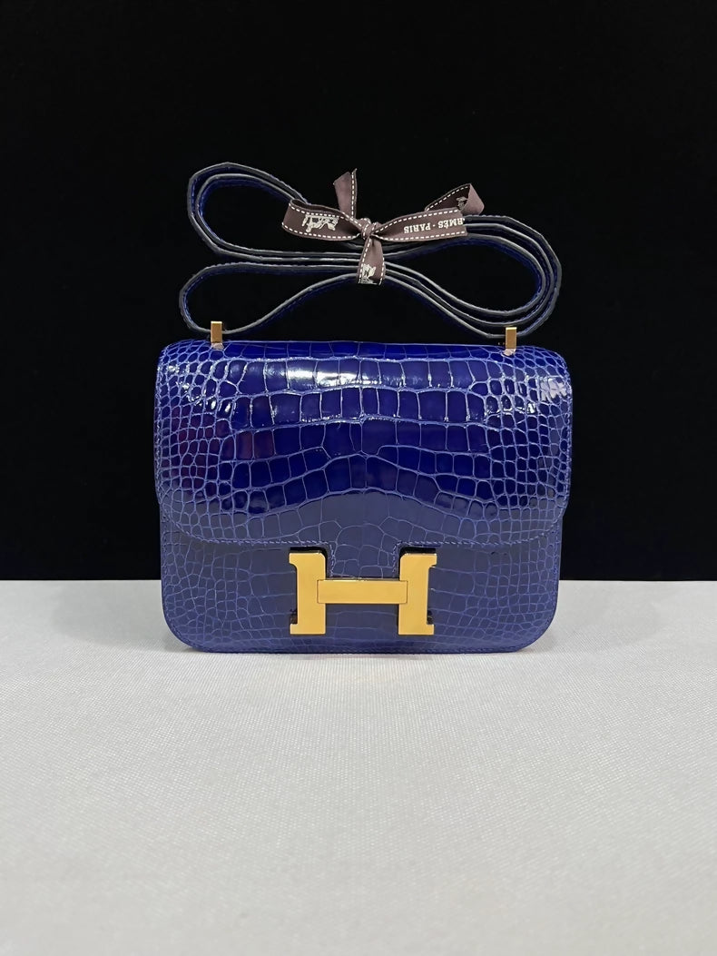 Hermes Constance 19 Electric Blue Shiny Crocodile Leather Gold Hardware