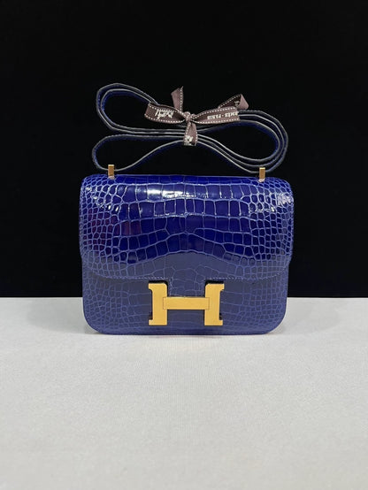 Hermes Constance 19 Electric Blue Shiny Crocodile Leather Gold Hardware