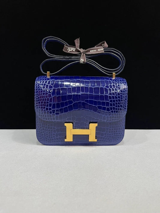 Hermes Constance 19 Electric Blue Shiny Crocodile Leather Gold Hardware