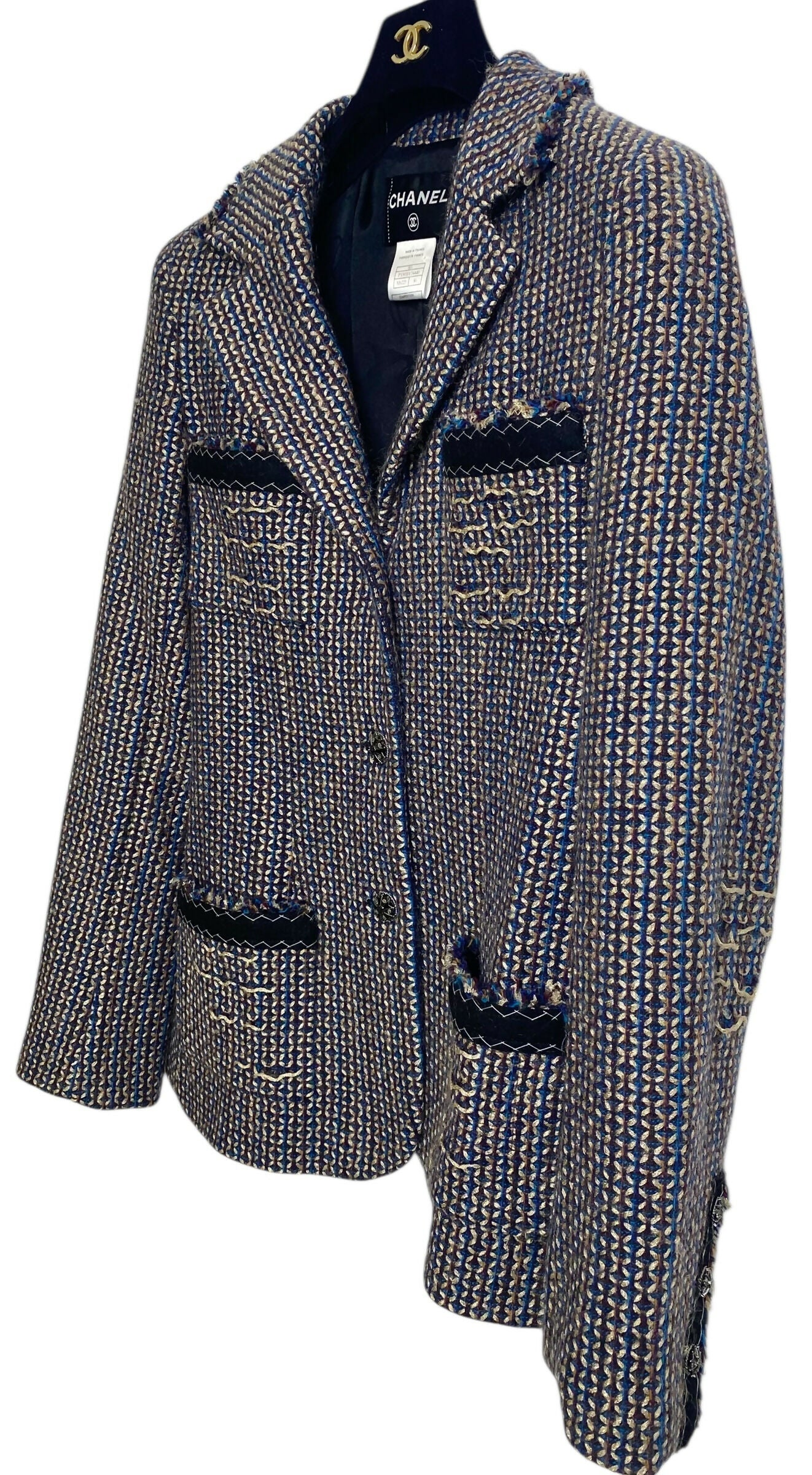 Rare Chanel 08A Runway Tweed Turquoise Blue Multicolor Gold Blazer Jacket FR 36