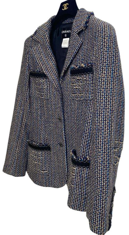 Rare Chanel 08A Runway Tweed Turquoise Blue Multicolor Gold Blazer Jacket FR 36