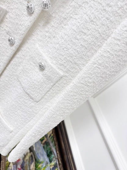 Chanel 23s White Woven Four-Pocket Rhinestone Button Tweed Jacket
