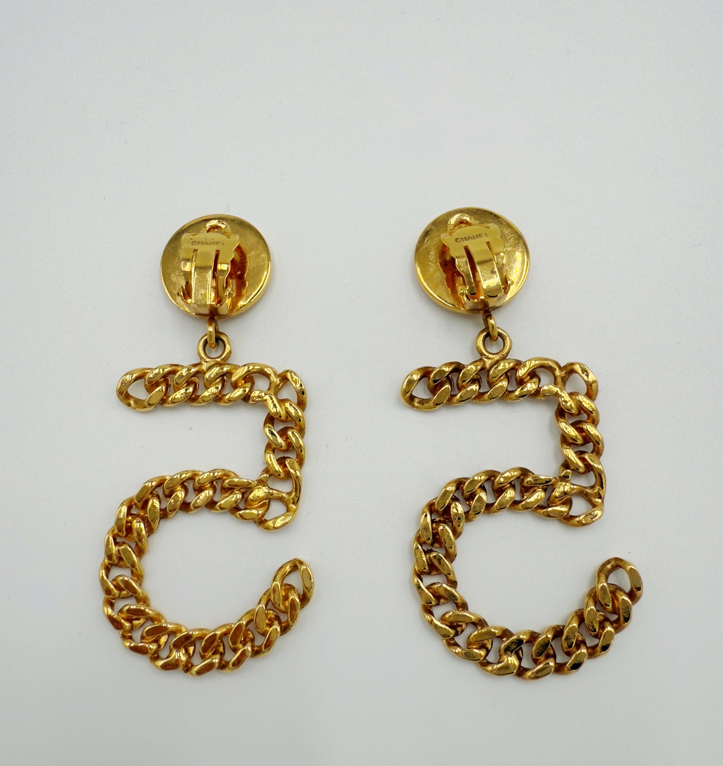 Chanel 1980s Runway Vintage Gold Plated No.5 Dangle Earrings
