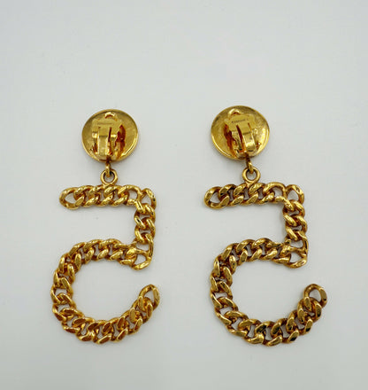 Chanel 1980s Runway Vintage Gold Plated No.5 Dangle Earrings