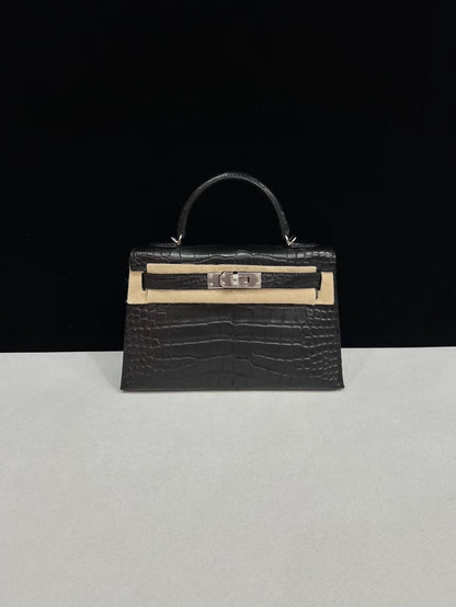 Hermes Mini Kelly 20 black matte alligator palladium hardware
