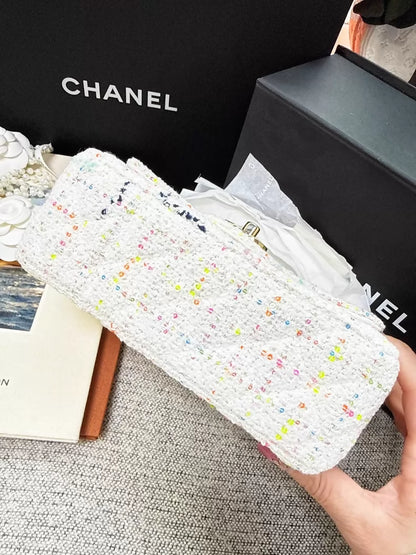 Chanel 24C white sequined tweed Min Flap CF chain bag