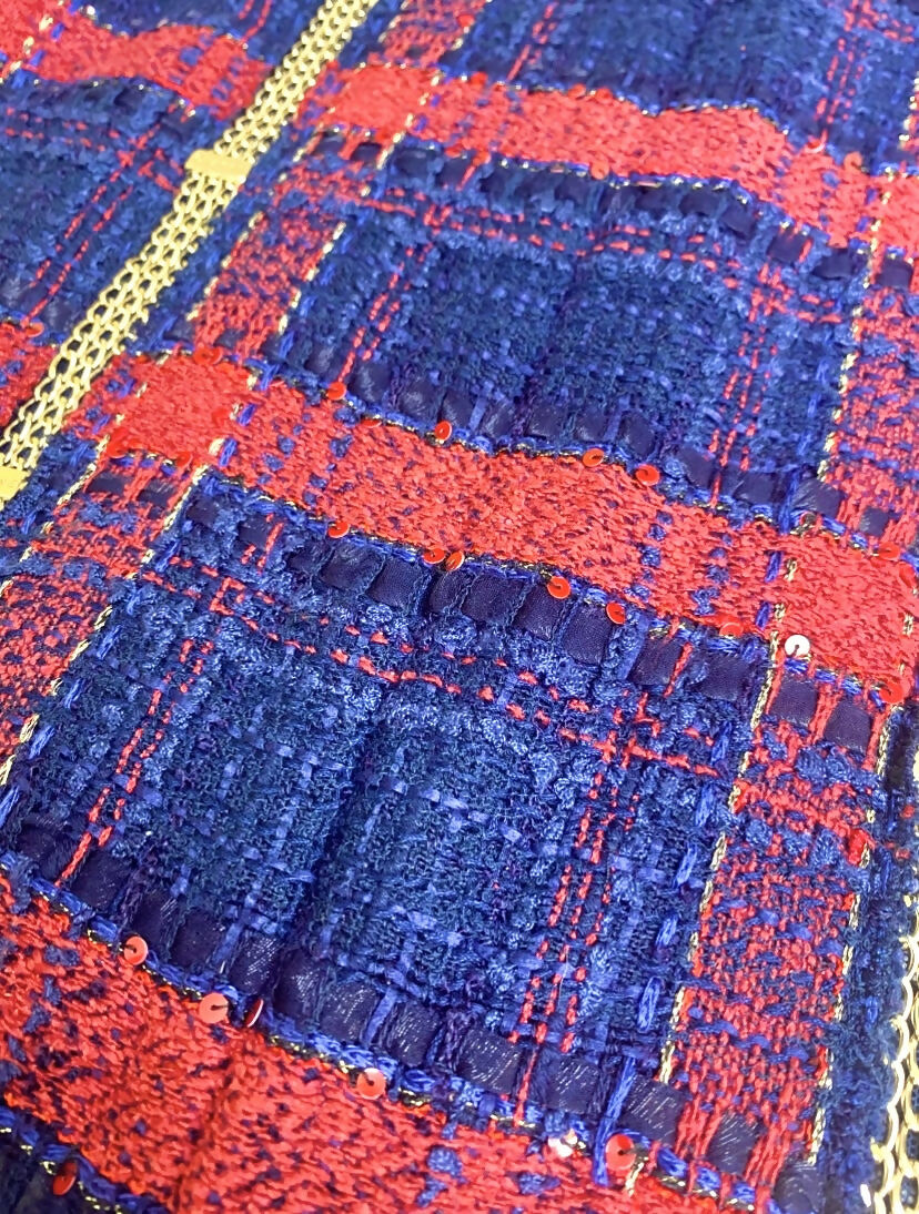 RARE CHANEL 08P RUNWAY BLUE RED GOLD CC MULTI CHAINS TWEED JACKET FR 44