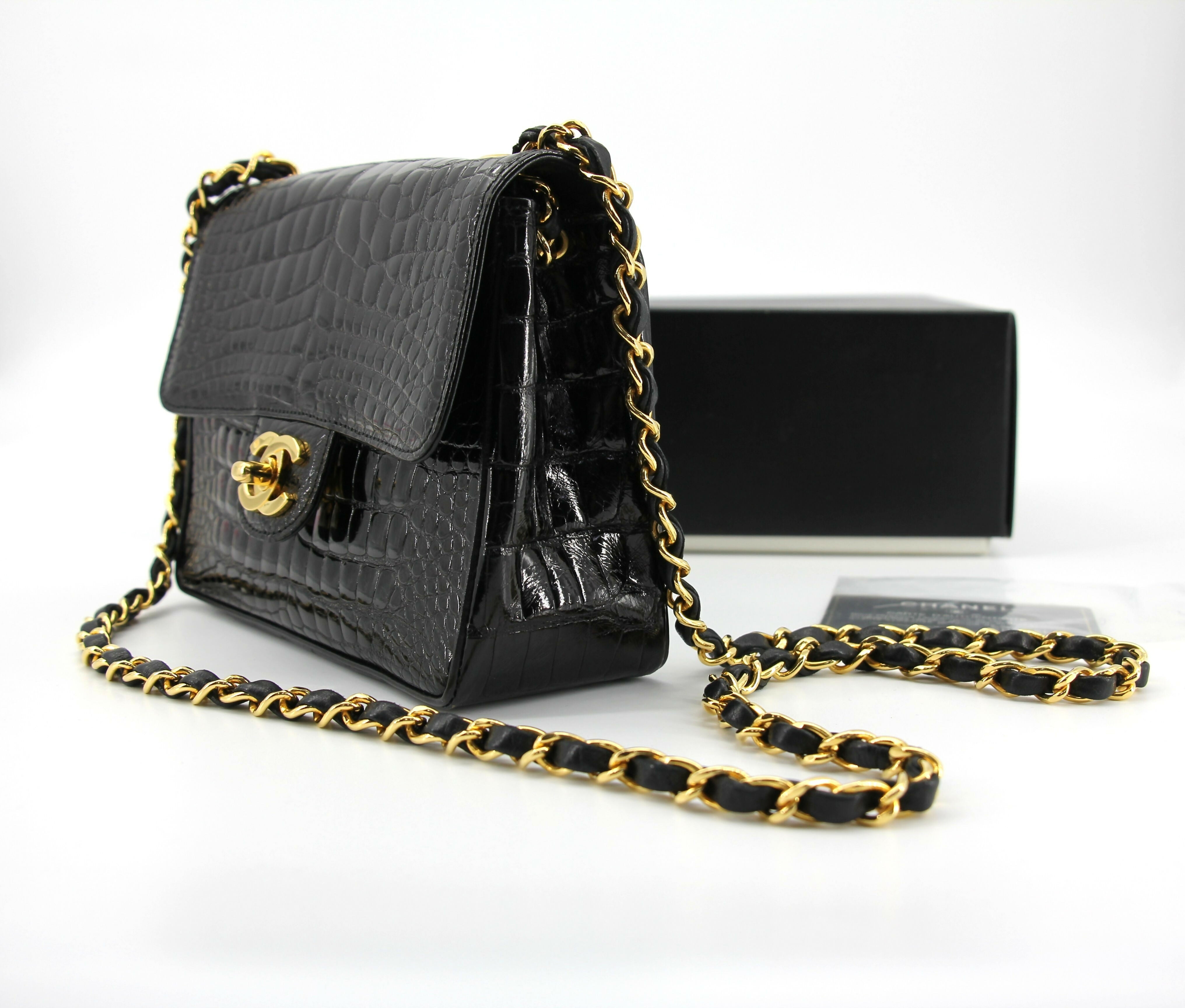 Chanel Vintage 89-91 Black Alligator Mini Square Gold Hardware