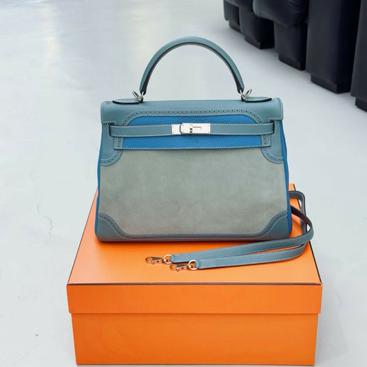 Hermes vintage Kelly 32 lace collection in suede denim blue