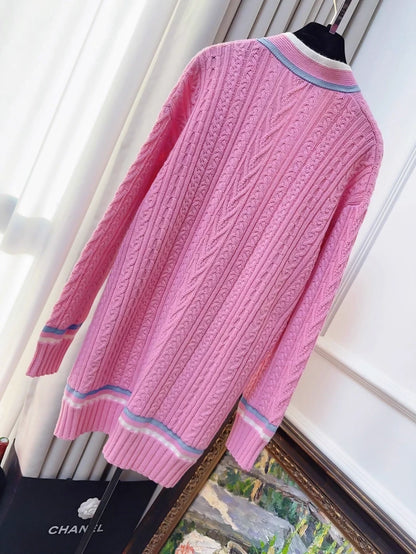 Chanel 23P Pink and Blue/White Knit Cardigan