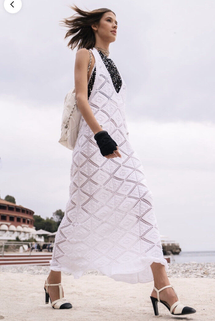 Chanel 23C Runway MONTE CARLO WHITE CROCHET KNIT MACRAME DRESS