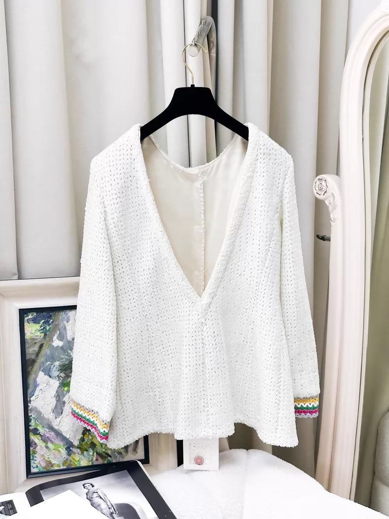 Chanel 22S white sequined open back tweed jacket