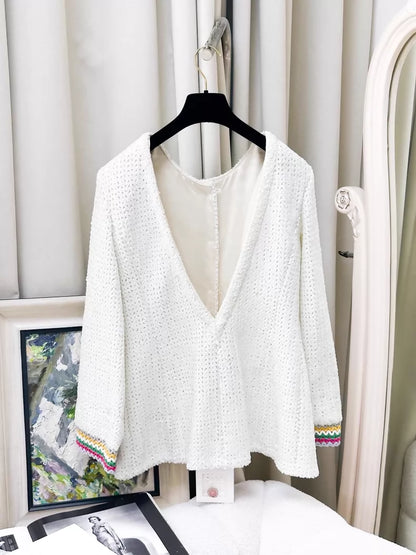 Chanel 22S white sequined open back tweed jacket
