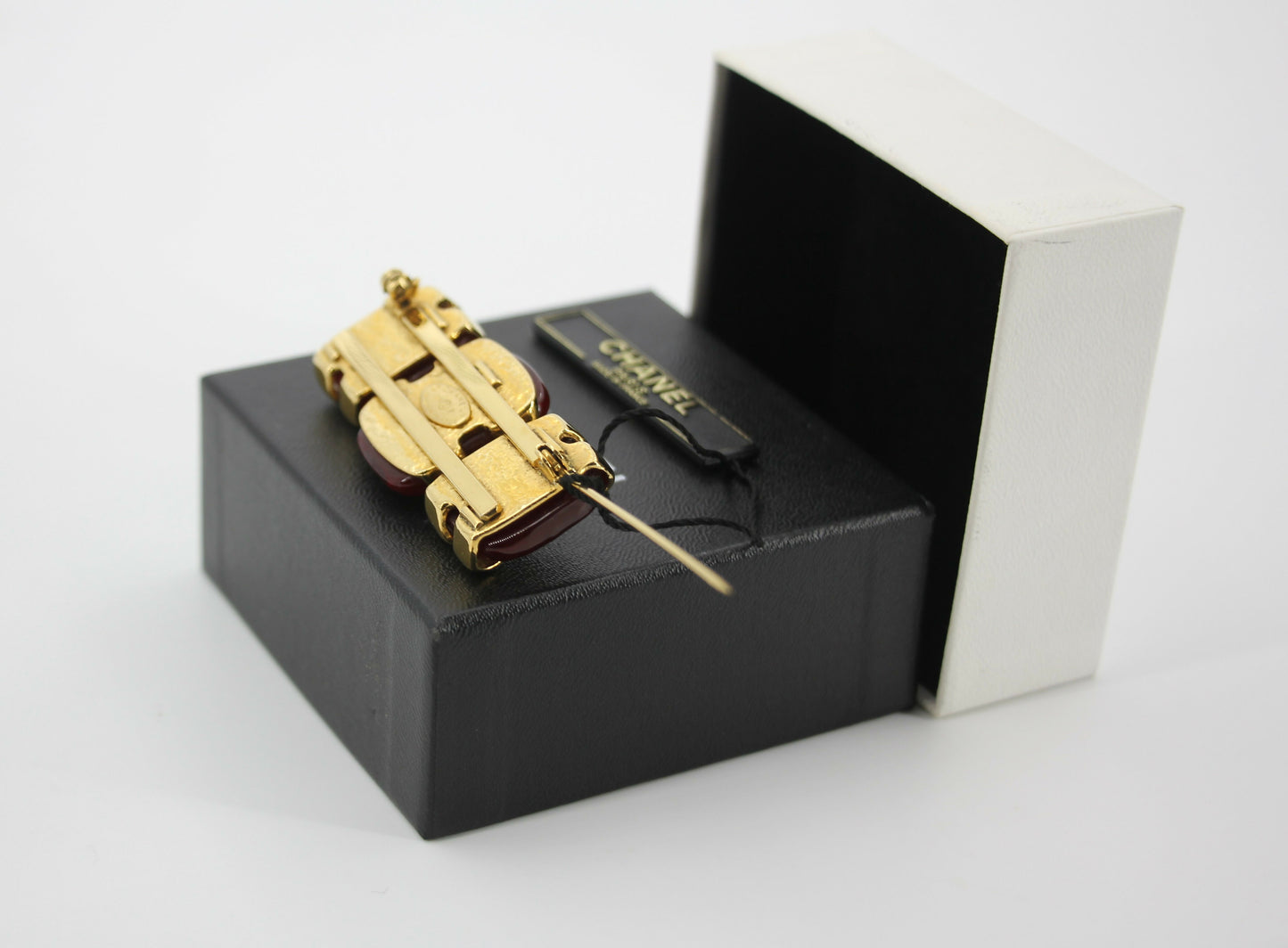 Chanel Vintage 94P Gripoix Red CC Gold Plated Rectangular Cross Brooch