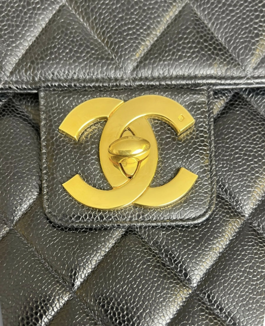 Chanel XL Jumbo Black Caviar Quilted Classic Briefcase Bag 24K Gold hardware