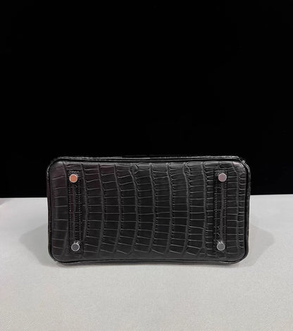 Hermes Birkin 25 black matte crocodile leather brushed palladium hardware