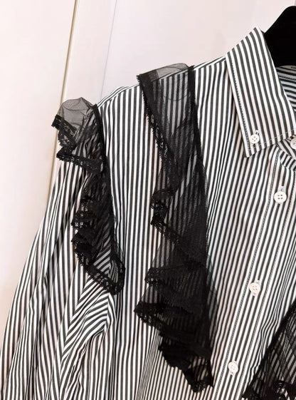 Miu Miu black and white striped lace shirt