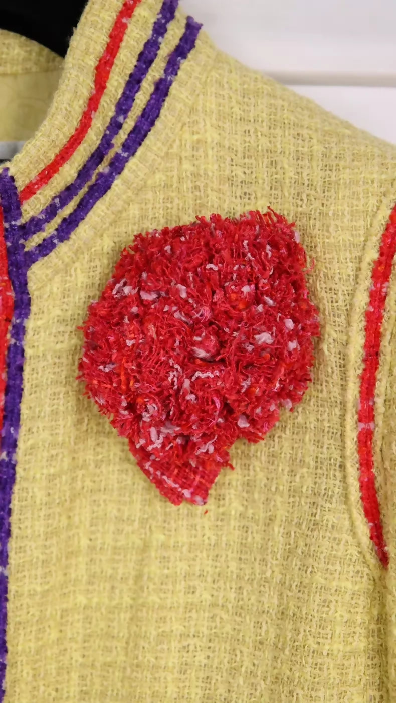 Chanel 2006 red yellow tweed jacket with Camellia Brooch