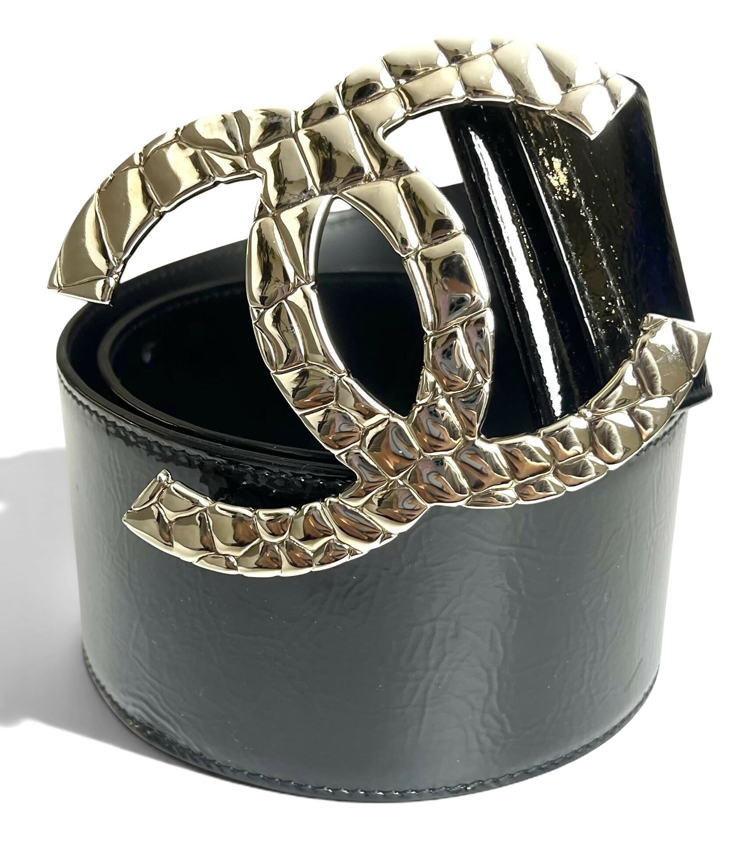 Chanel 07P Black Patent Silver Oversized CC Croc Embossed Logo Wide Belt Size 90/36