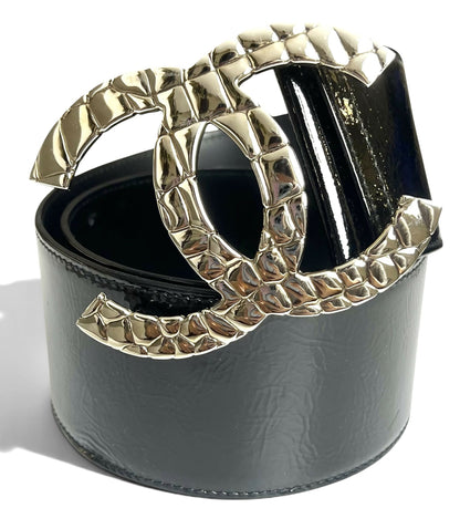 Chanel 07P Black Patent Silver Oversized CC Croc Embossed Logo Wide Belt Size 90/36