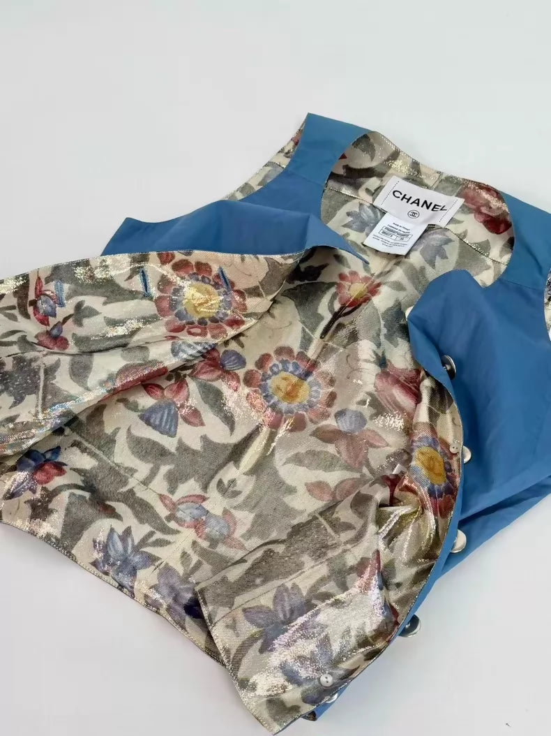 Chanel 15C Blue Floral Lined Leather Vest