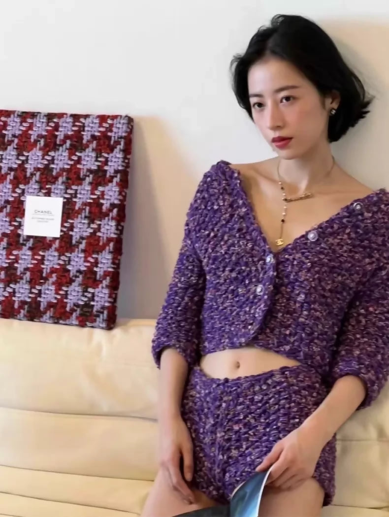 Chanel 22S Purple tweed top and shorts Suit