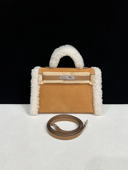 Hermès Teddy Mini Kelly 20 Chamois Grizzly, Alezan Swift and Ecru Mouton Shearling Palladium Hardware