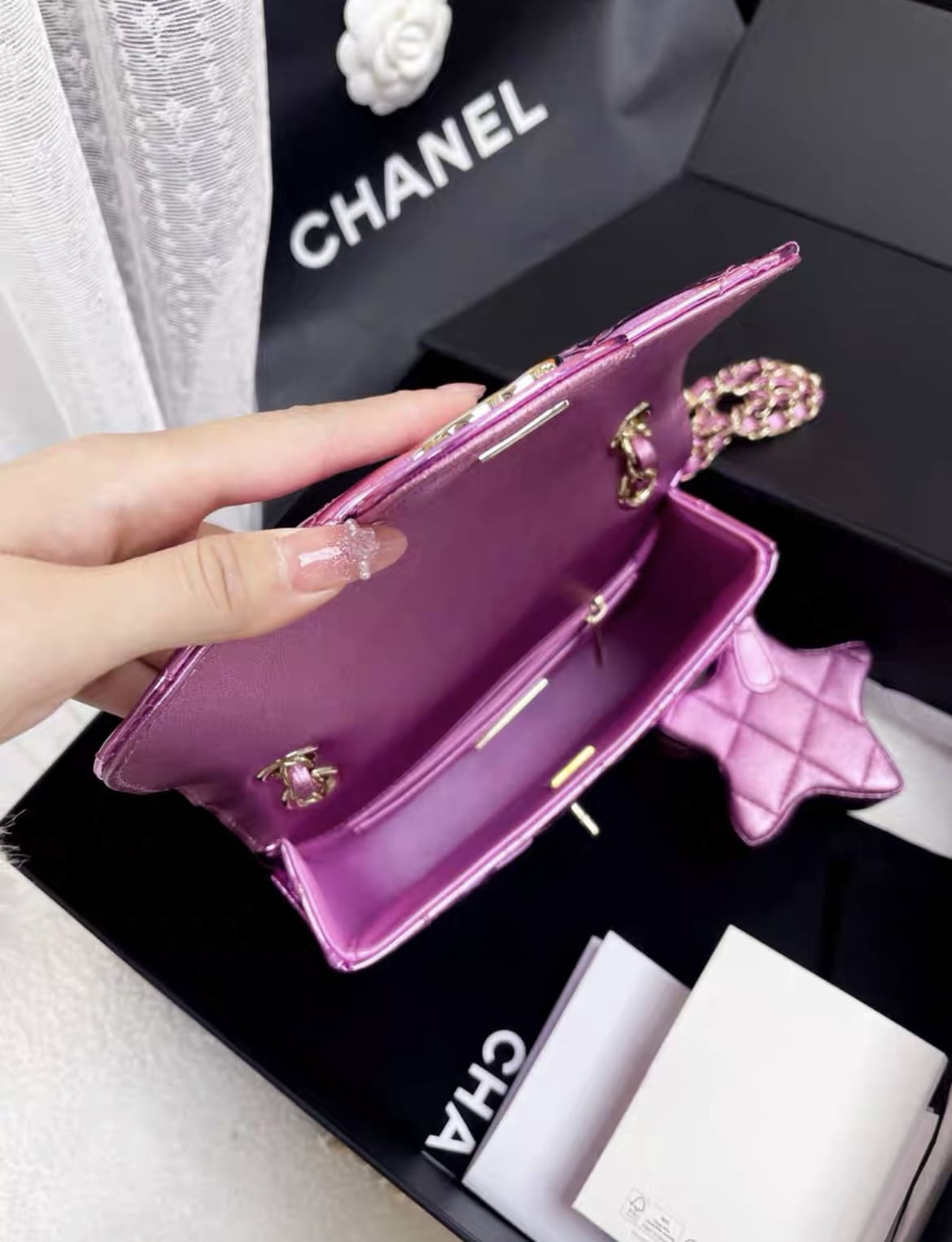 24C Chanel Purple Mirrored metallic Mini Square Flap Bag Star