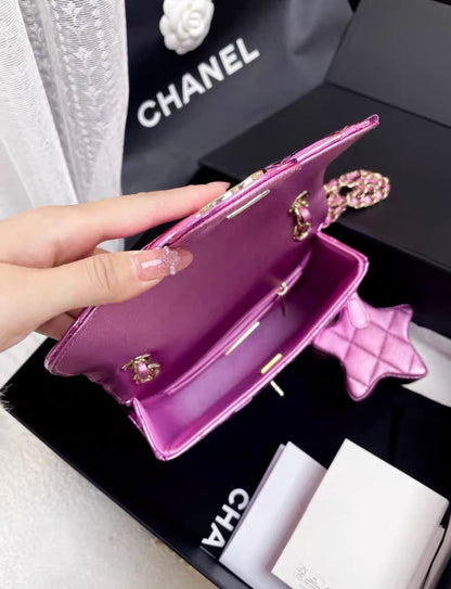 24C Chanel Purple Mirrored metallic Mini Square Flap Bag Star Handbag