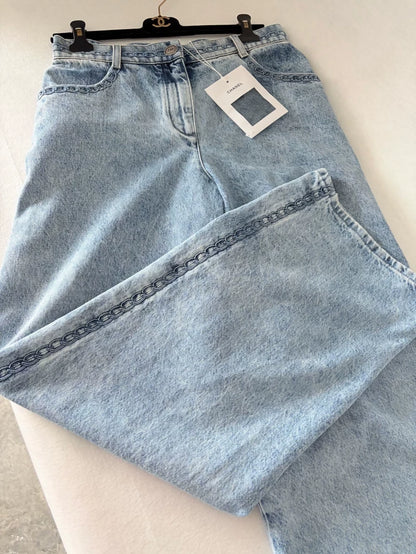 Chanel 26P embroidered blue wide-leg trousers