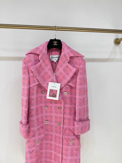 Chanel 24P pink plaid double-breasted long coat,