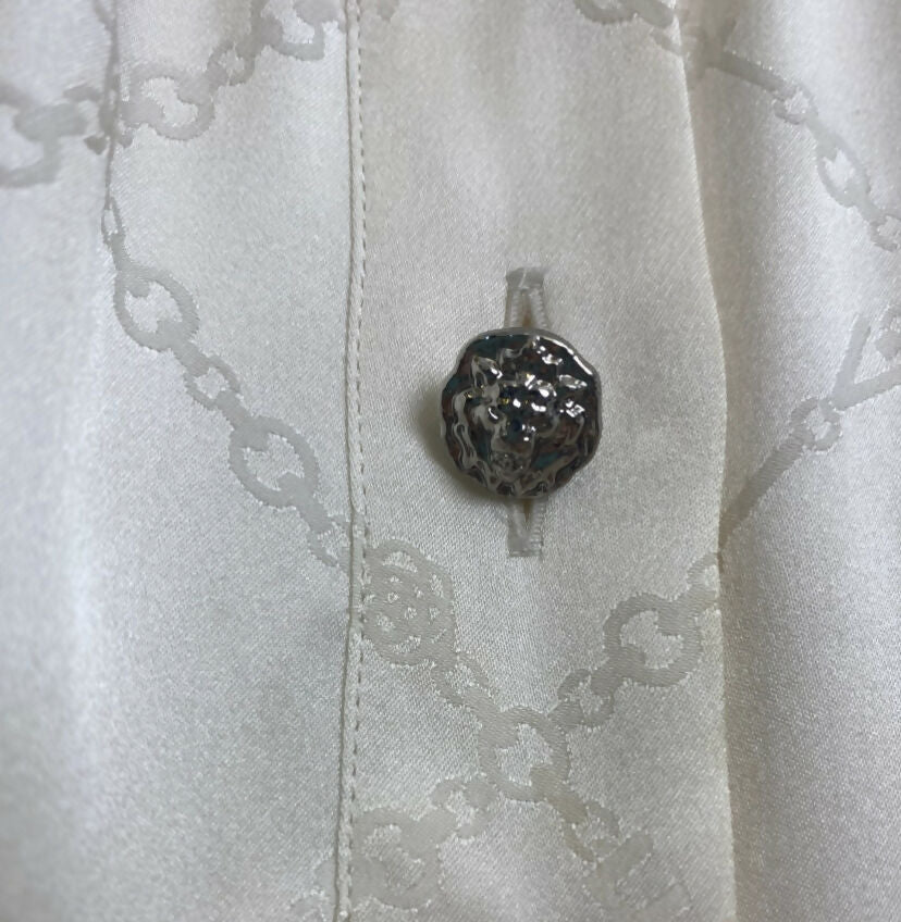 Chanel 22B Ecru Jacquard Silk CC Logo Velvet Bow Blouson Dress FR 40