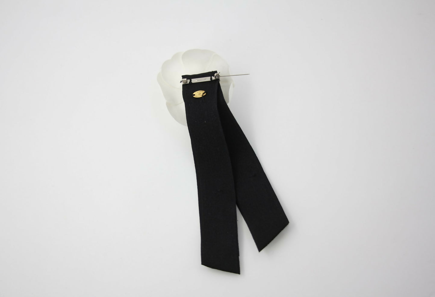 Chanel Vintage 81-85 Satin Fabric Black Camellia Ribbon Brooch