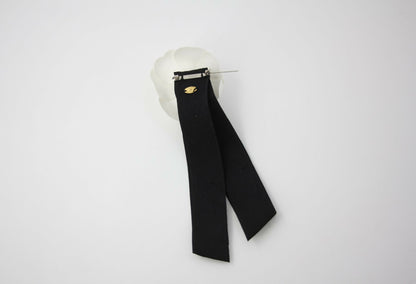 Chanel Vintage 81-85 Satin Fabric Black Camellia Ribbon Brooch