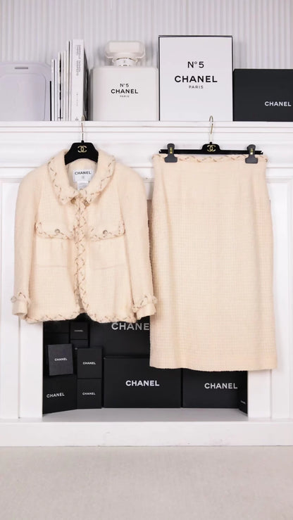 Chanel 07A Beige Tweed Jacket and Skirt Set