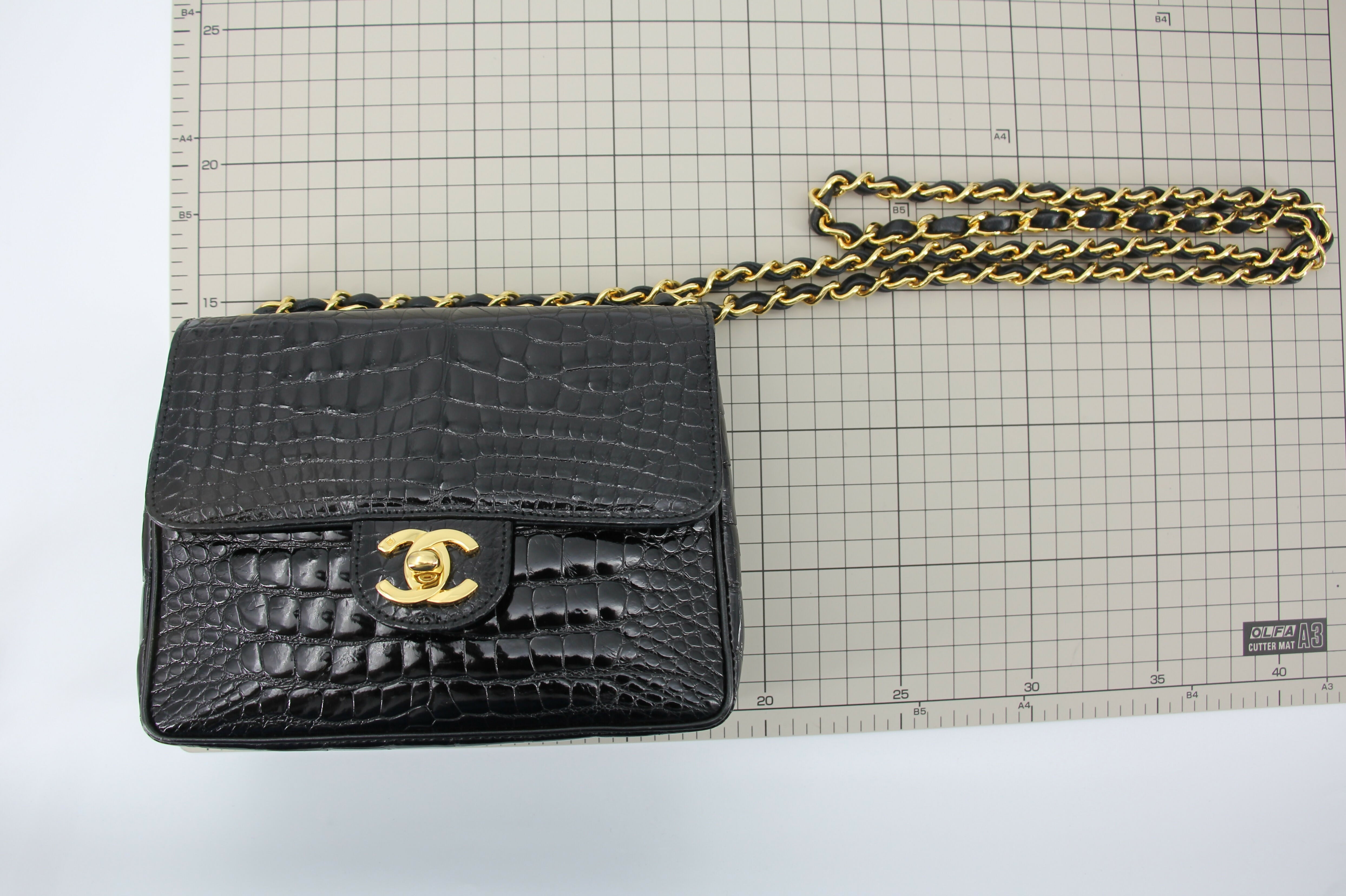 Chanel Vintage 89-91 Black Alligator Mini Square Gold Hardware