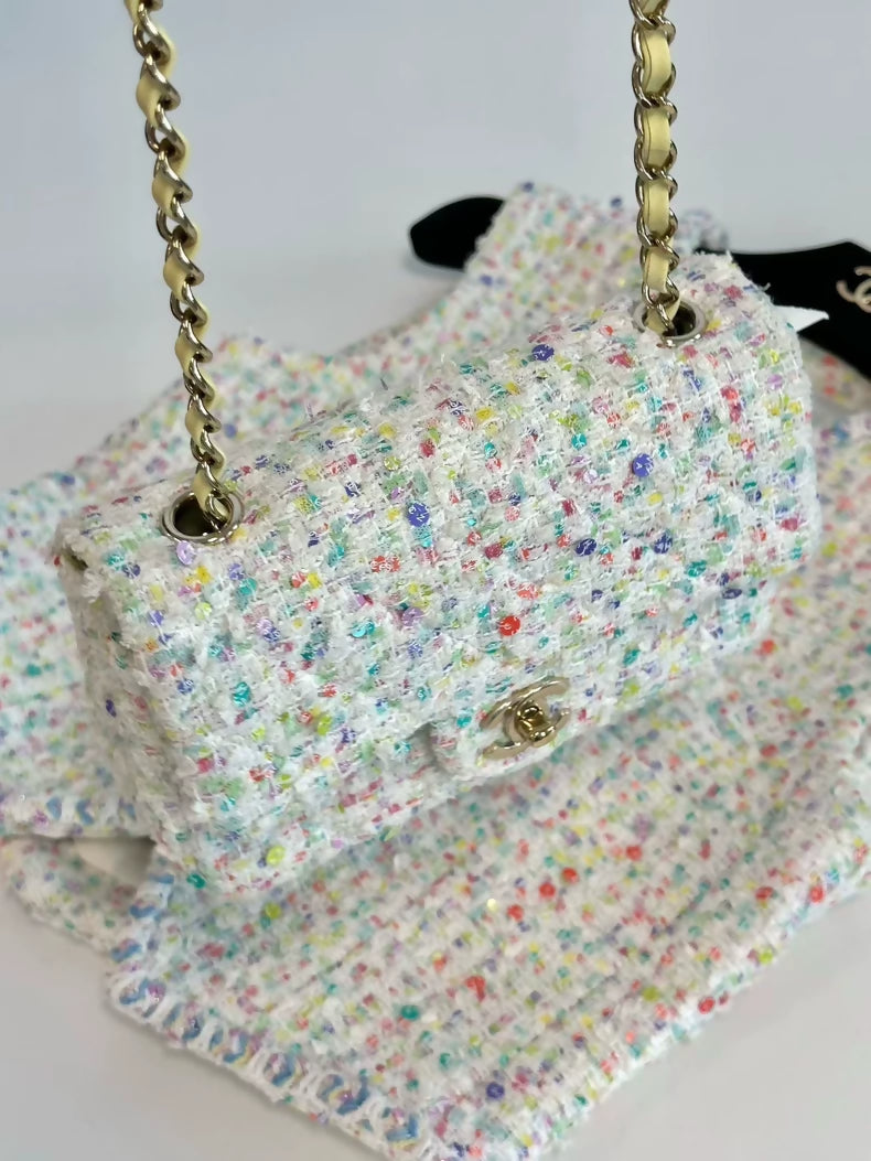 Chanel 23S white/Multicolor Sequin tweed CF Mini Shoulder Bag