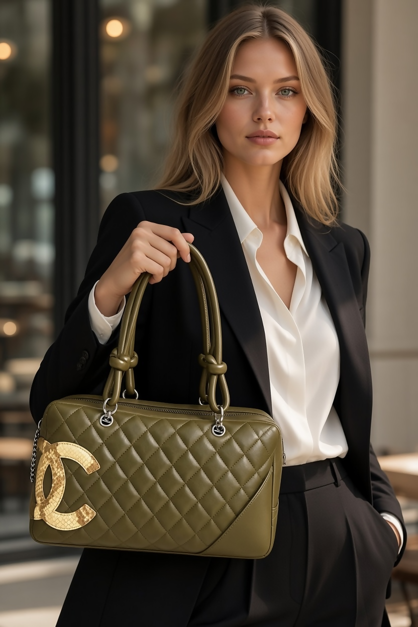 Chanel 2005 Large Ligne Cambon Hunter Green Python CC Bowler Bag Tote