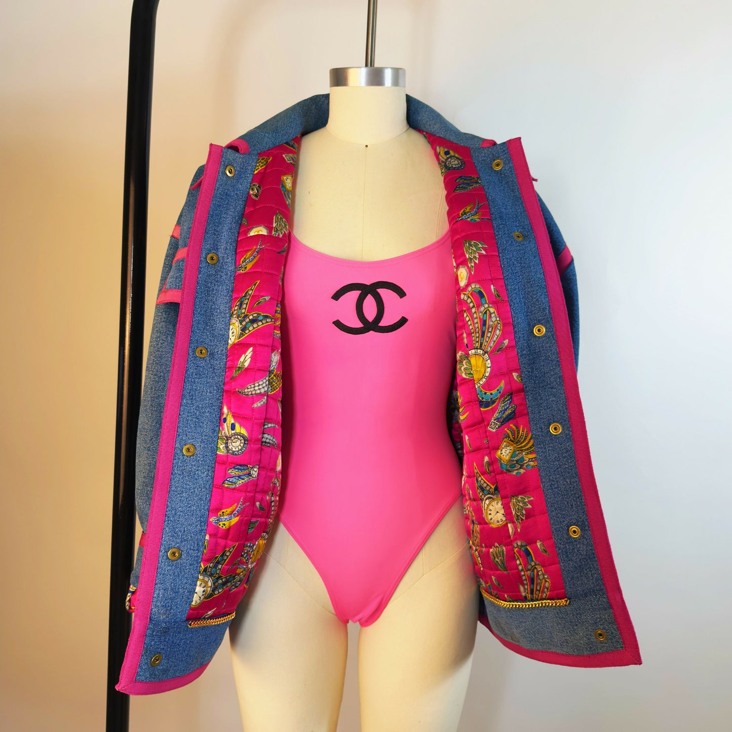 Chanel Vintage 1991 Runway Denim Jacket with Pink Trim and Gold CC Buttons